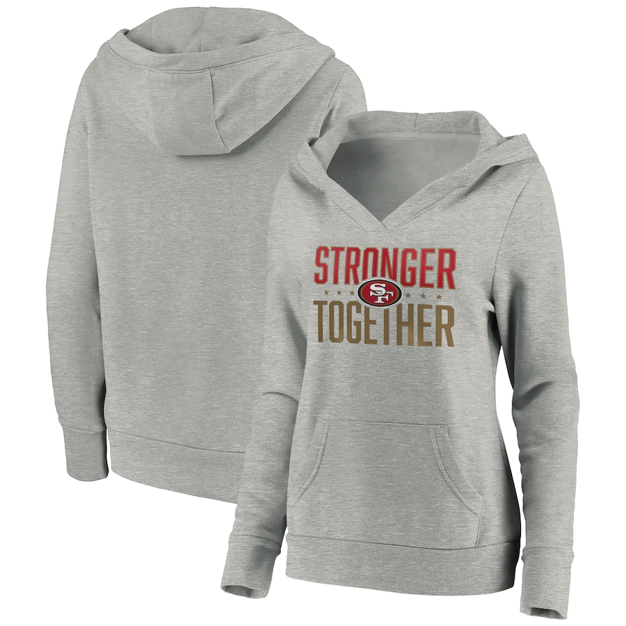 Women's San Francisco 49ers Heather Gray Stronger Together Crossover Neck Pullover Hoodie(Run Small)